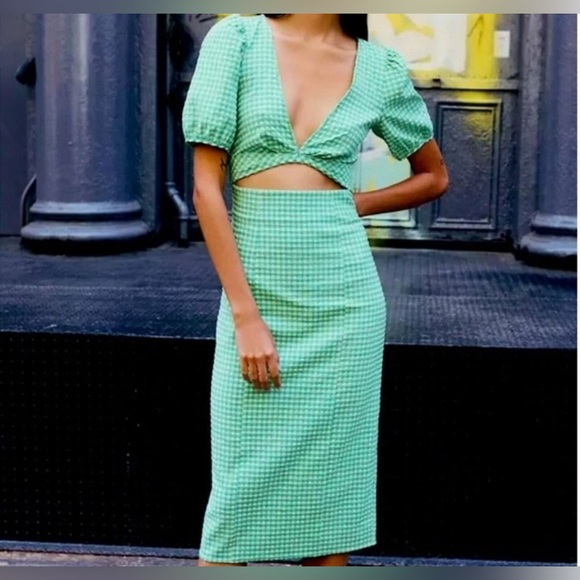 Nwt Zara Green Gingham Cut out Midi Dress Large - Picture 3 of 12